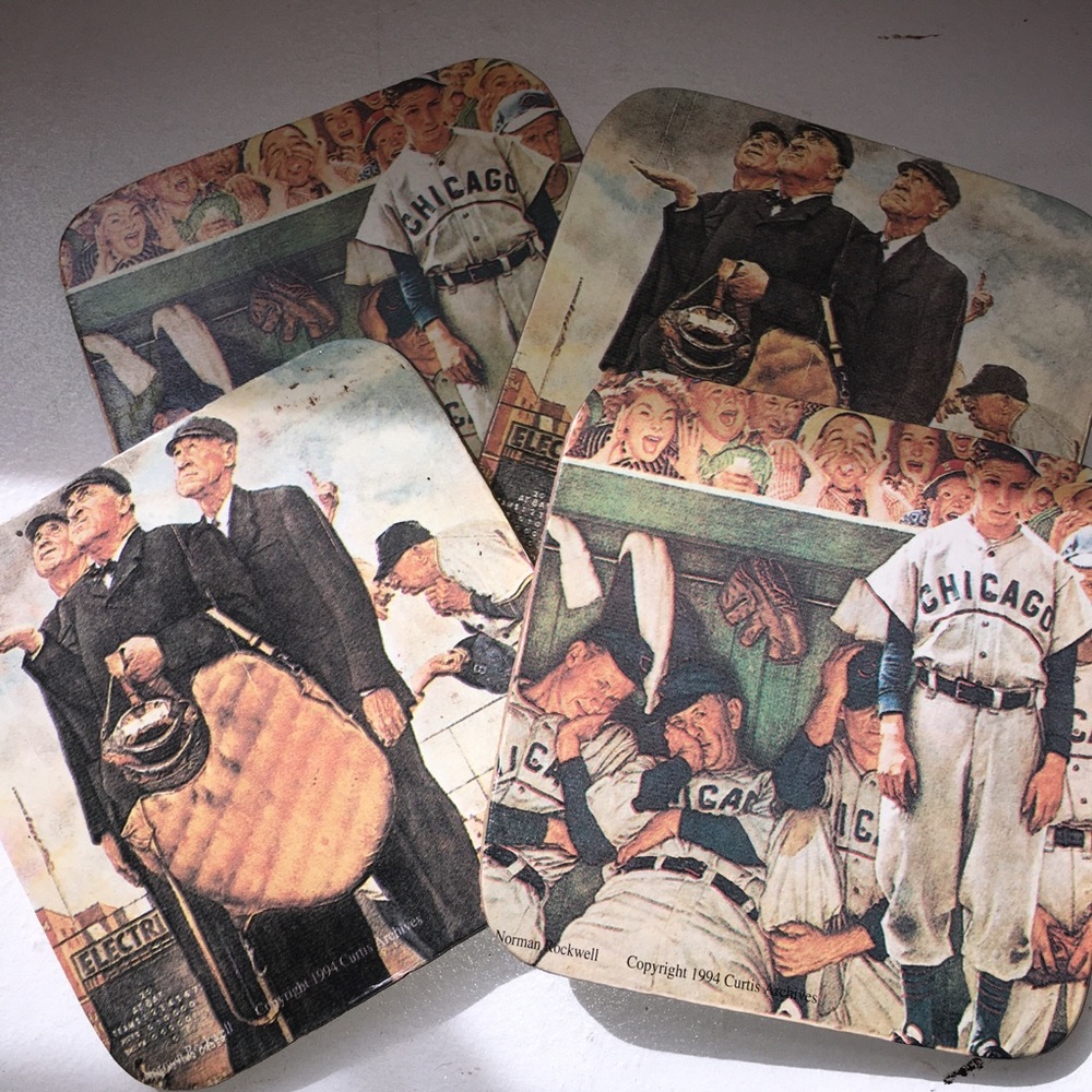 Offer  Norman Rockwell man cave memorabilia Chicago baseball coffee coasters